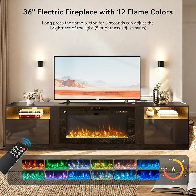 YISUFO 80” TV Stand with 36” Electric Fireplace, Large Modern Media - Image 4