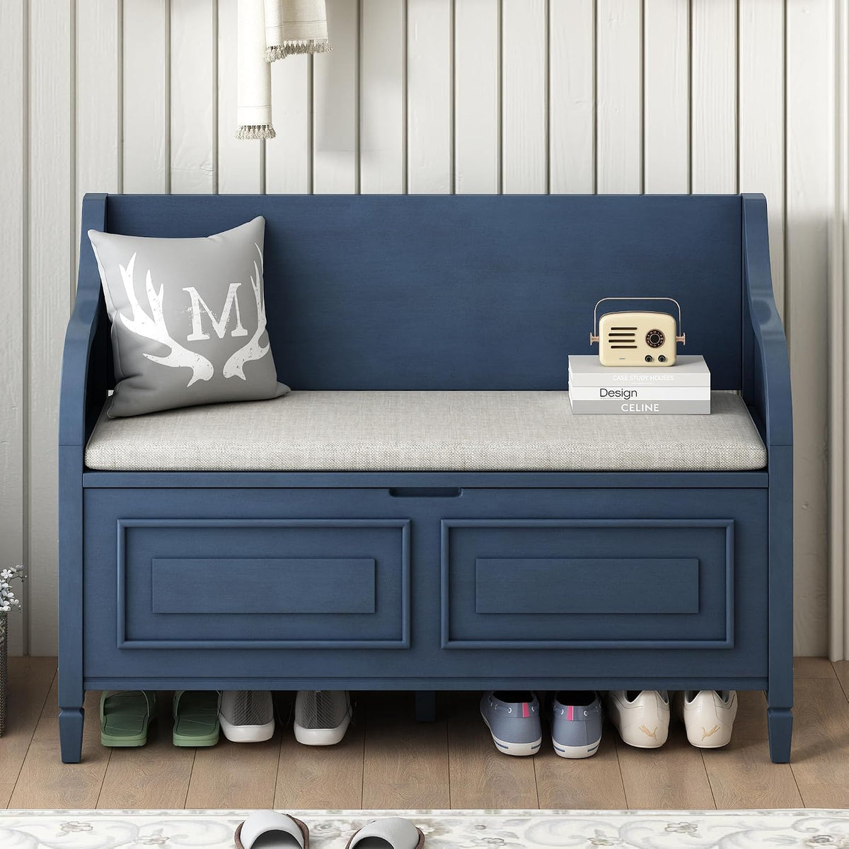 42" rustic storage bench entryway bench shoe cabinet shown in use