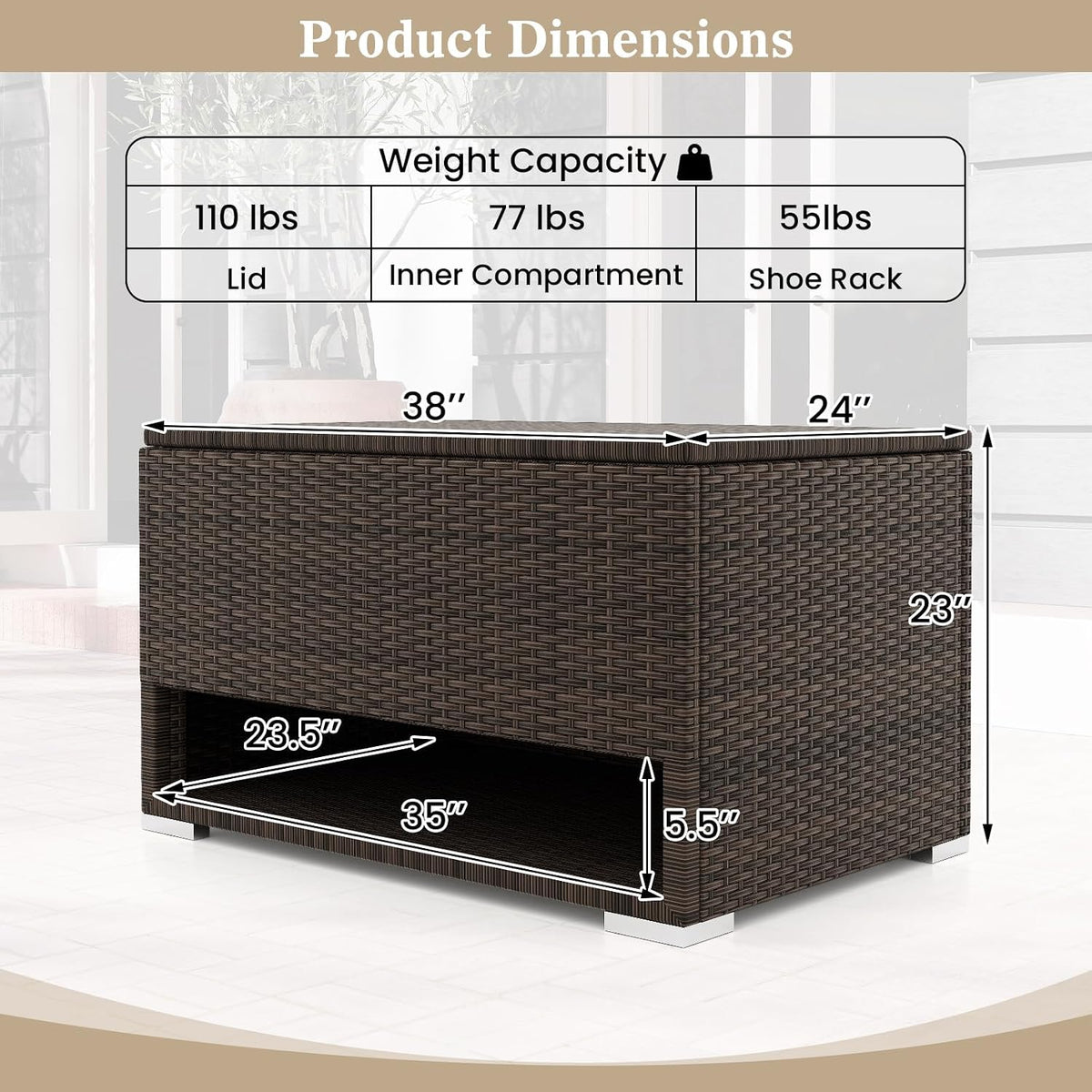 tangkula 48 gallon rattan outdoor storage box with showing dimensions