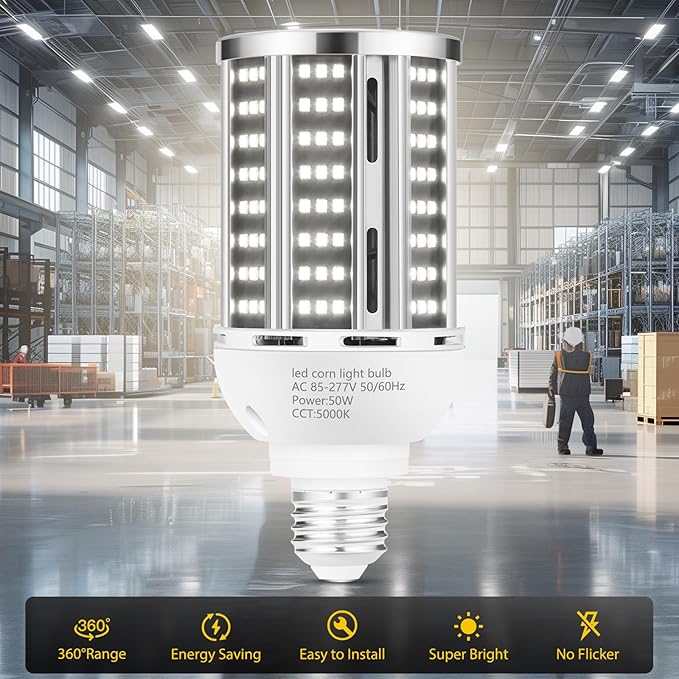 50W LED Corn Light Bulb, 5000K Commercial Grade Daylight E26/E39 6500LM Medium - Image 2