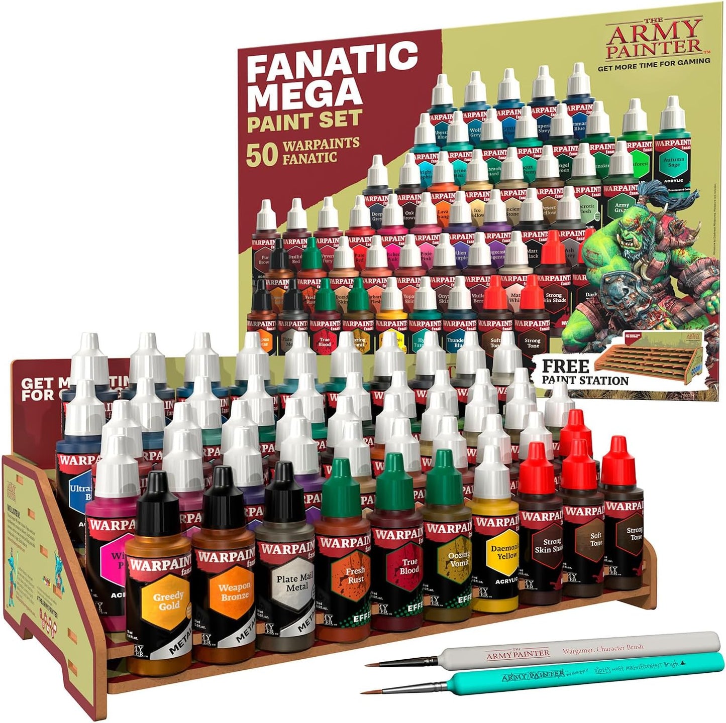 The Army Painter, Warpaints Fanatic Mega Set Combo, 50 x 18 ml | Painting Set incl. Skin Tones, Metallics, Effects, Washes, 1 Free Paint Station & 2 Brushes - Model Paint for Warhammer & Dnd