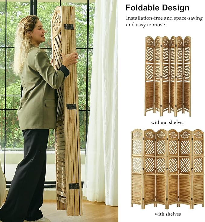 Svimi Room Divider with Shelves, 68.9inch Wood Carved and Louvered Wall Divider - Image 2