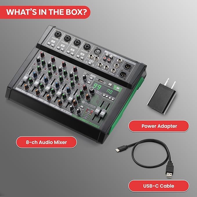Pyle 8-Channel Audio Mixer, USB Interface, MP3 Compatible, XLR Inputs and LED - Image 7