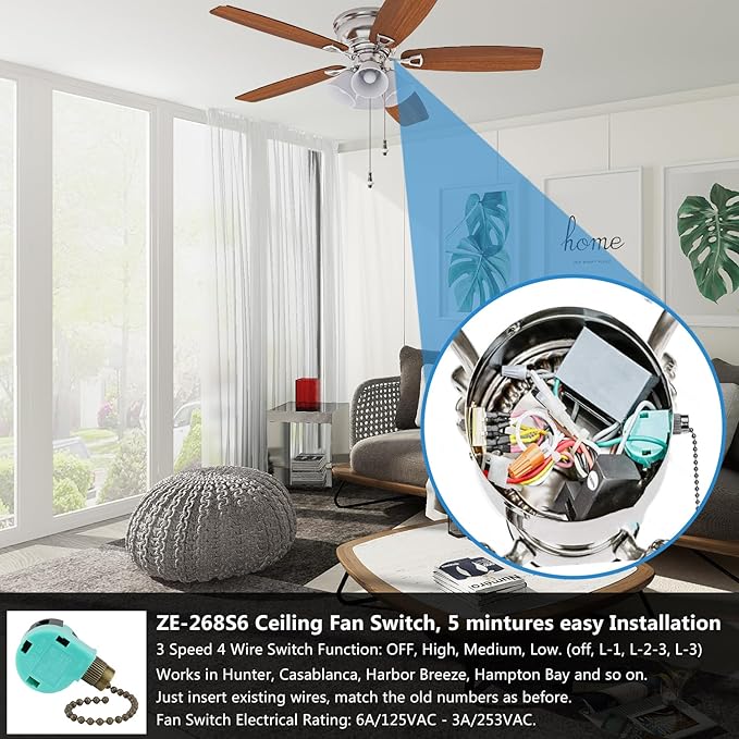 Ceiling Fan Switch ZE-268S6, Ceiling Fan Pull Switch, 4 Wire Fans Accessories - Image 2