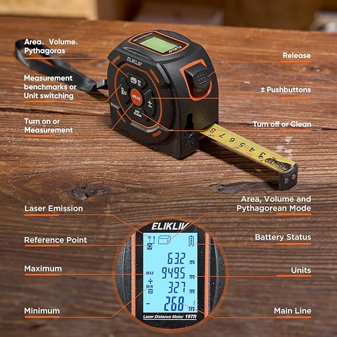Laser Tape Measure 2-in-1, 197Ft Laser Distance Meter & 16Ft Digital Tape - Image 7