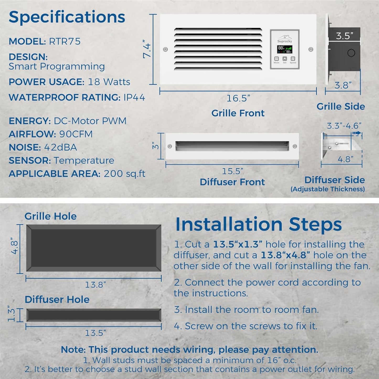 Room to Room Air Transfer Fan, 5-Speeds, 90 CFM, Hardwired, RTR75 | Intelligent Through-Wall Fan with Built-In Temperature Sensor for Room-to-Room Ventilation and Energy-Efficient Operation