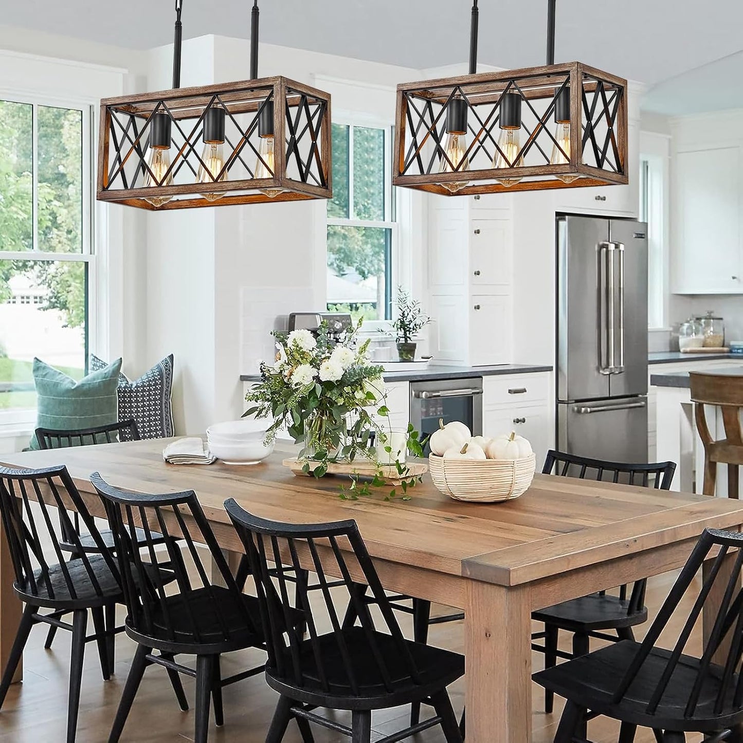 Farmhouse Light Fixtures,3-Light Dining Room Light Fixture,Industrial Metal Kitchen Pendant Lighting Over Island, Chandelier for Dining Table Kitchen Sink, Wood Grain Finish.