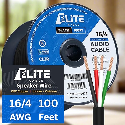 Elite 16/4 Speaker Wire 100ft, UL Listed, by InfinityCableProducts