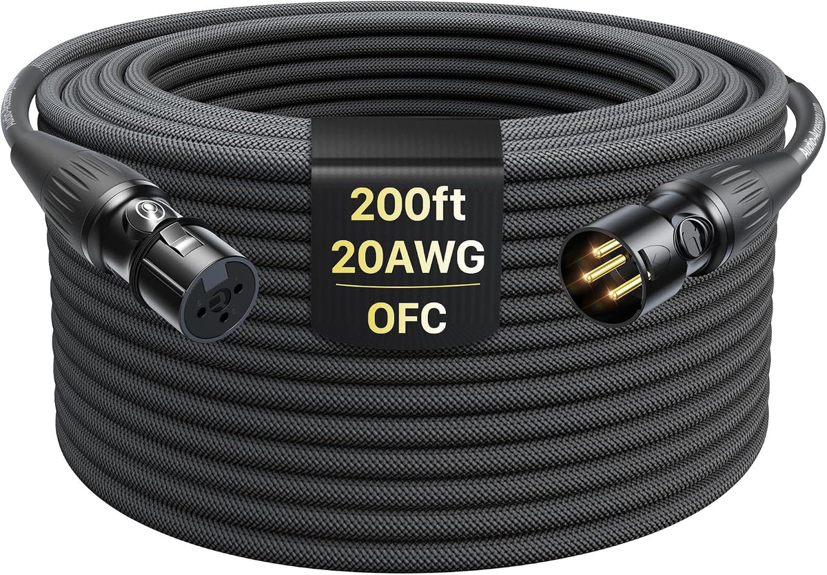 XLR Cables 200ft 1 Pack, Professional Gold-Plated Rean Connectors from Neutrik