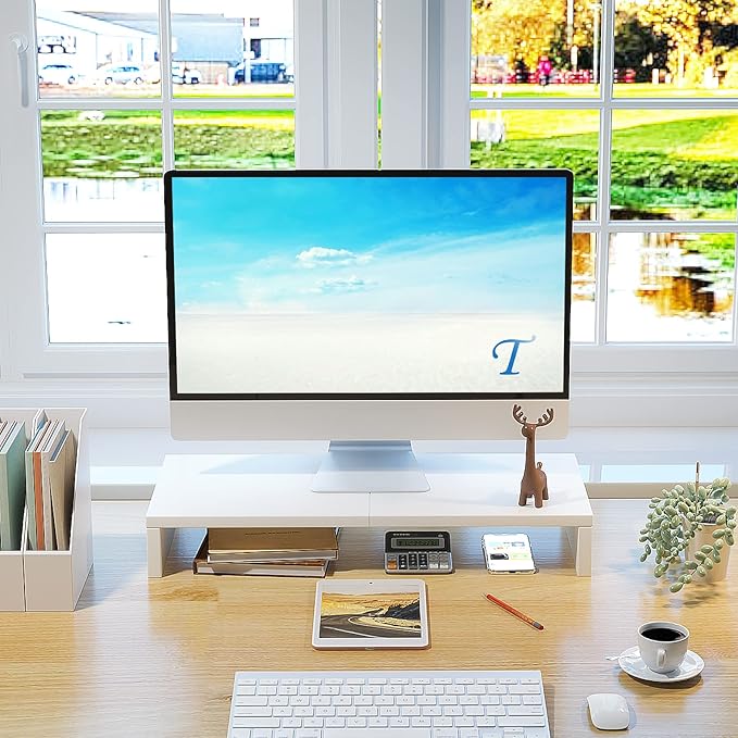 TEAMIX 20 inch White Monitor Stand Riser, Wood Desktop Stand - Image 2