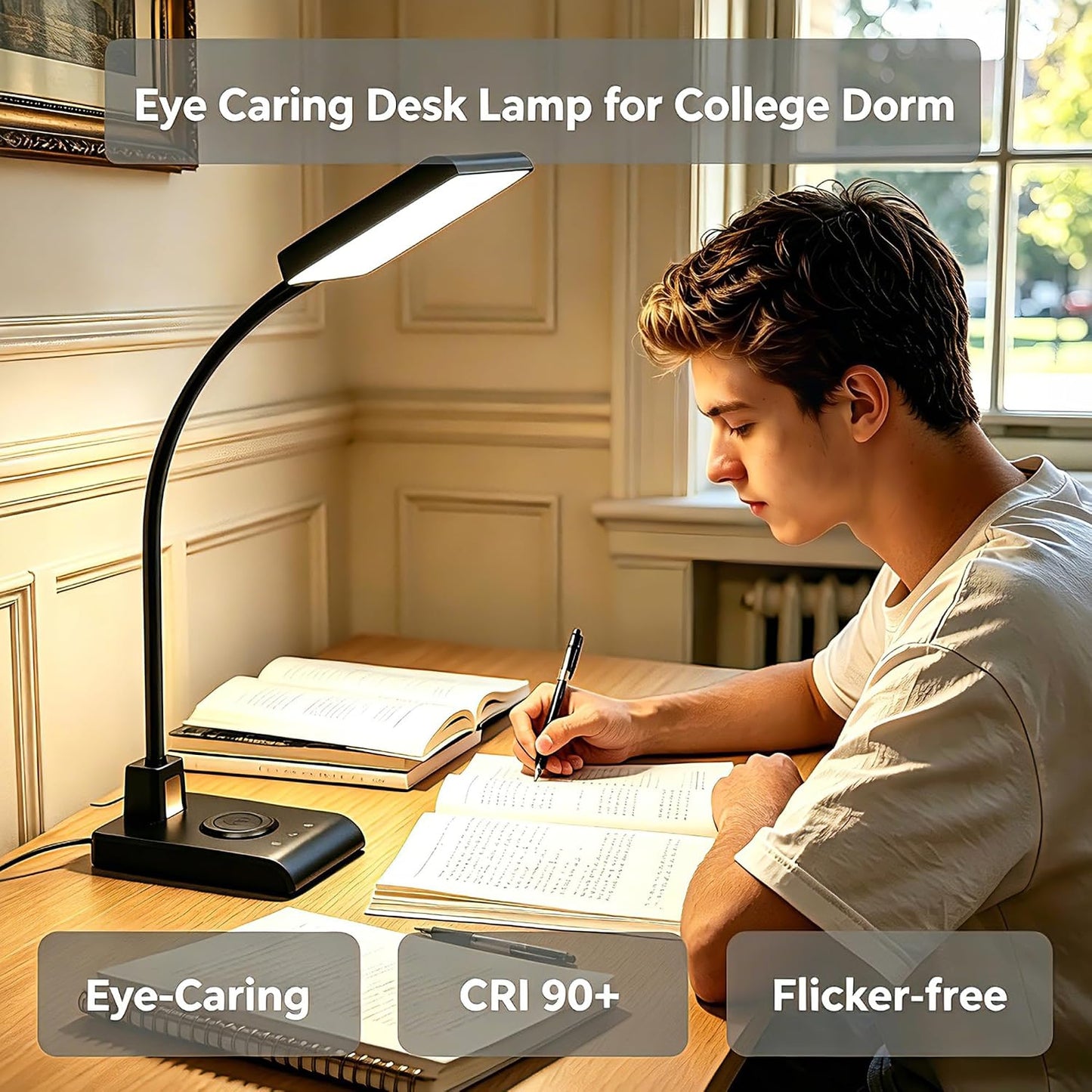 Desk Lamp with Wireless Charger, Desk Lamps for Home Office Night Light | 3 Color Modes with Stepless Dimming, CRI 90+, 1000lm, 360° Flexible Arm, Eye-Caring Study Lamp for College Dorm Room