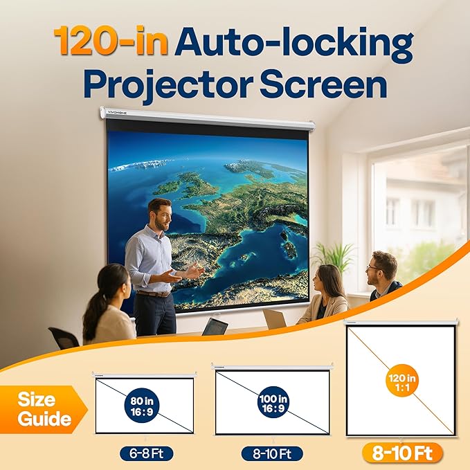 VIVOHOME 120 Inch 1:1 Pull Down Projector Screen, HD 4K Retractable Movie Screen - Image 2
