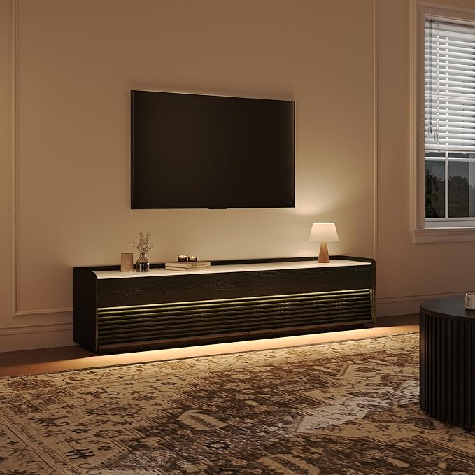 POVISON Fully-Assembled Mid Century Glossy Sintered Stone TV Stand, 78.74" Wood - Image 2