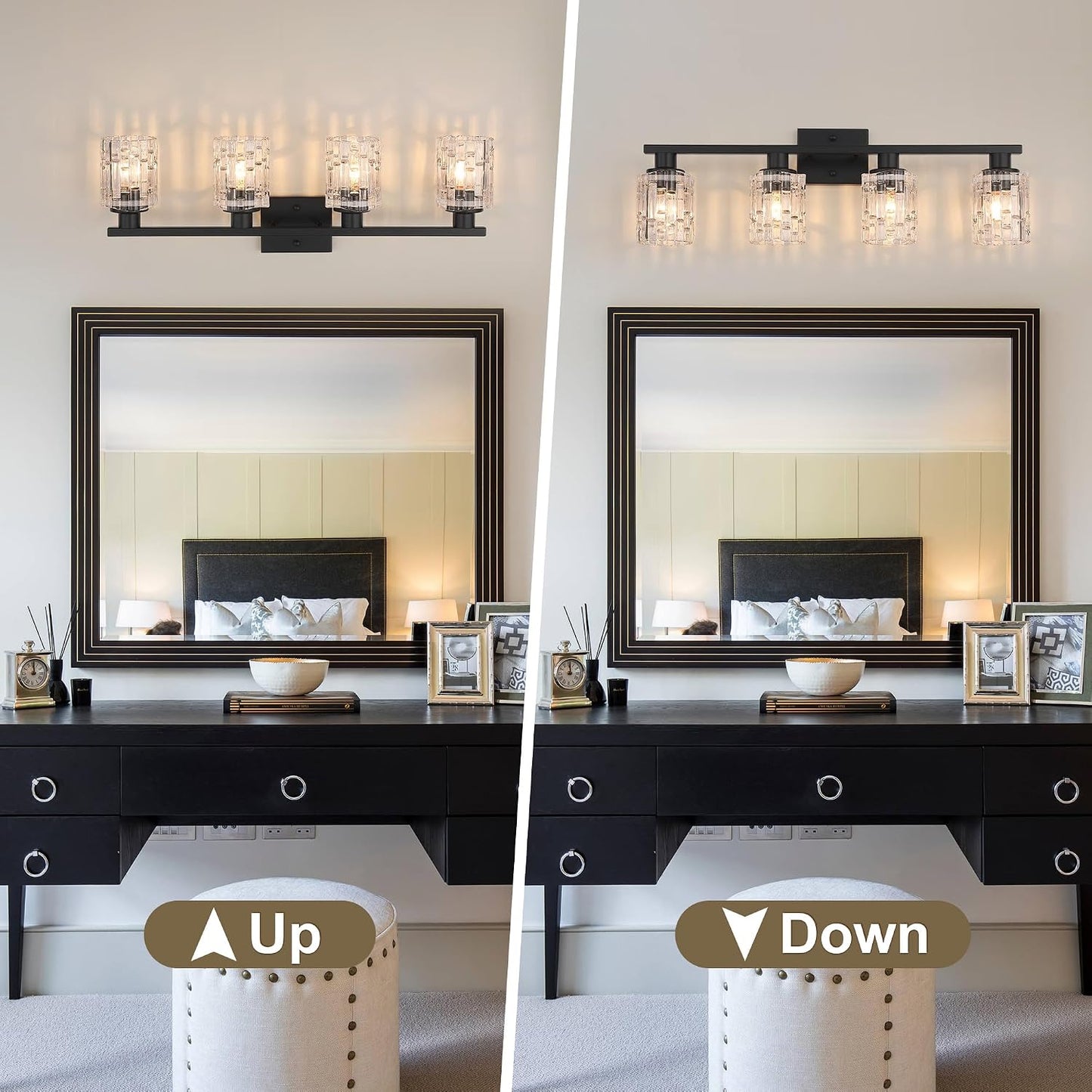 4 Light Matte Black Bathroom Vanity Light Over Mirror, Modern Vanity Lighting with Crystal Glass Shade, Wall Mount Bathroom Light Fixtures, E26 Base
