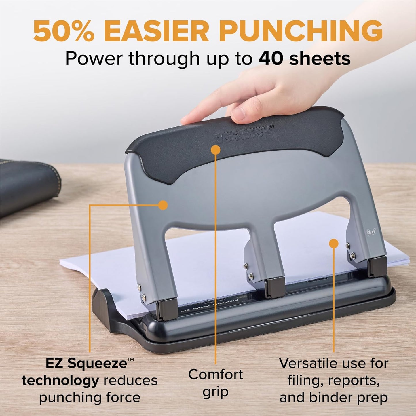 Bostitch EZ Squeeze 3 Hole Paper Punch, 40 Sheet Capacity, Heavy Duty Metal Office Hole Puncher with Chip Tray, Non-Slip Base & Paper Guide, 9/32" Holes for Binders, School & Home Office