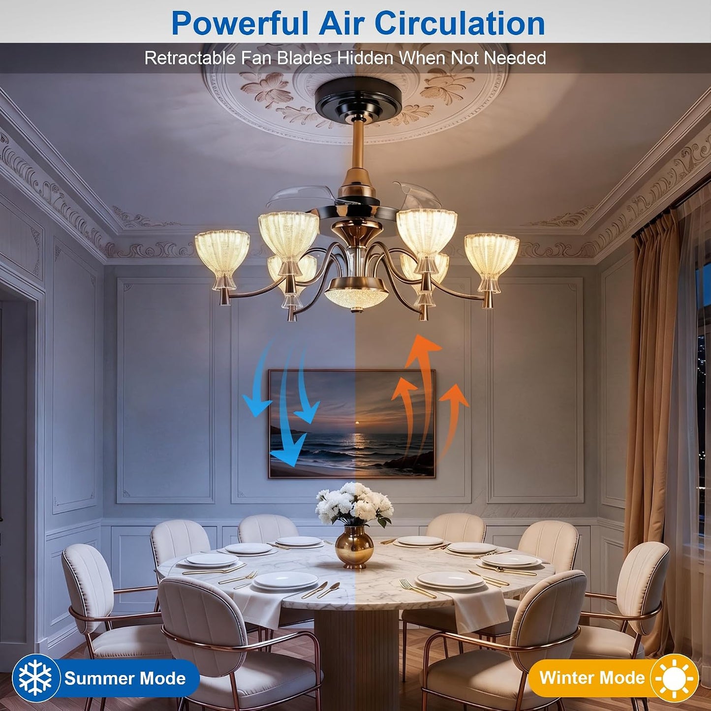 JAYNLT 30" Luxury Fandelier Ceiling Fan with Lights, Retractable Blades | Chandelier for Dining Room, Quiet Reversible DC Motor, Remote & APP Smart Control, 6-Speed Wind & Timer Function