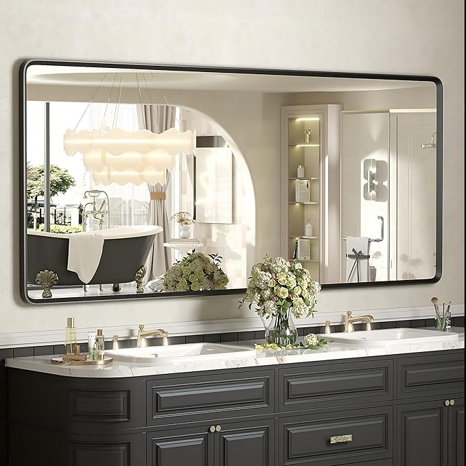 60x28 Black Matte Bathroom Mirror, Large Matte Black Bathroom Vanity Mirror by GOLOMO