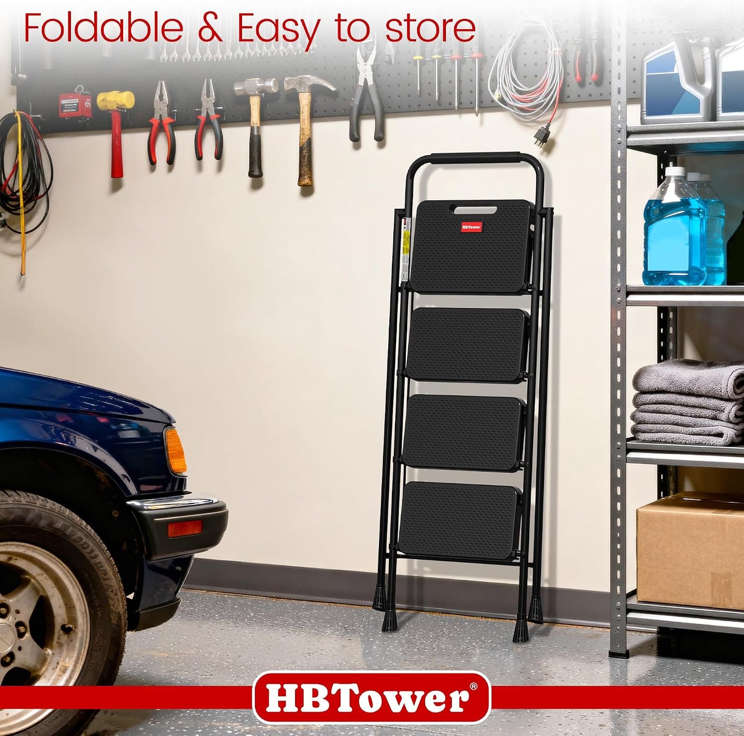 HBTower Step Ladder, 4 Step Ladder Folding Step Stool with Anti-Slip Pedal | Lightweight Ladders for Home, Black