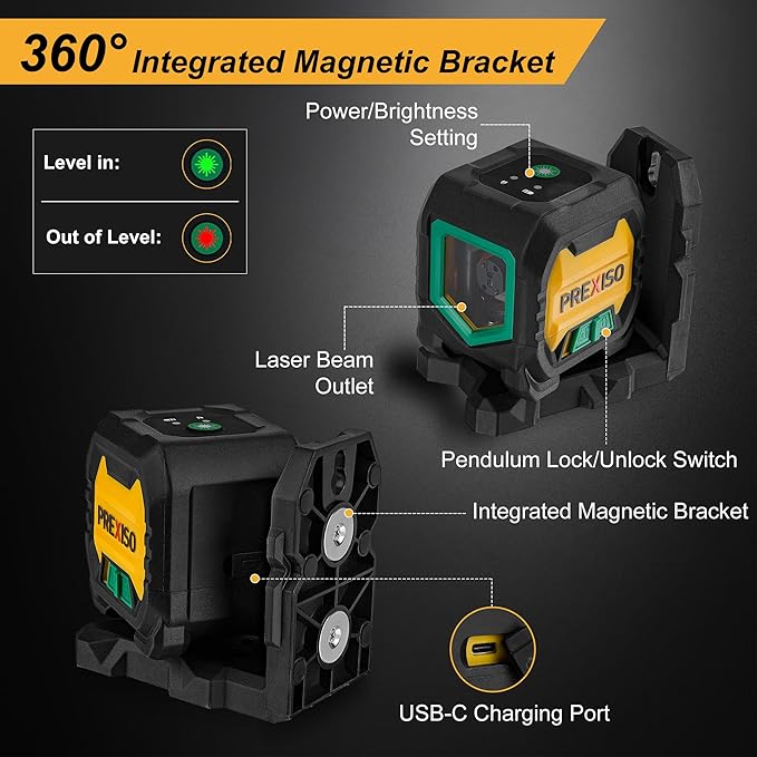 PREXISO Laser Level with 47 Inch Tripod, IP54 Rechargeable 65Ft Green Cross - Image 8
