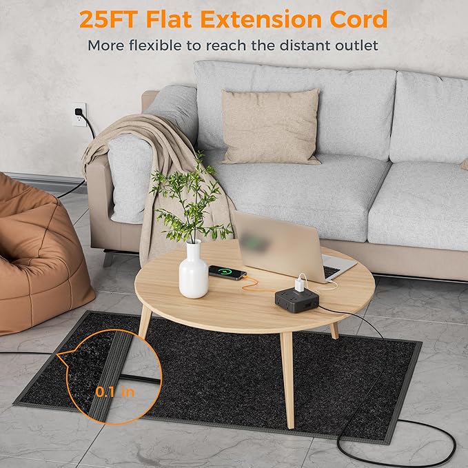 Long Extension Cord 25 FT, TESSAN Ultra Thin Flat Plug Power Strip Surge - Image 2