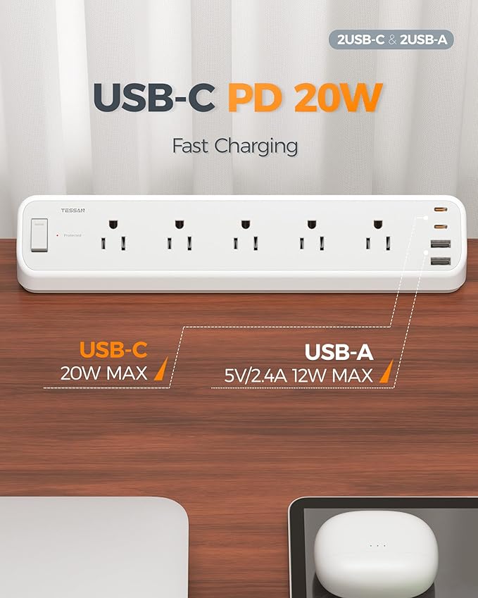 TESSAN Desk Clamp Power Strip 6 Ft, 2100J Surge Protector, 5 Outlets and 4 USB - Image 6