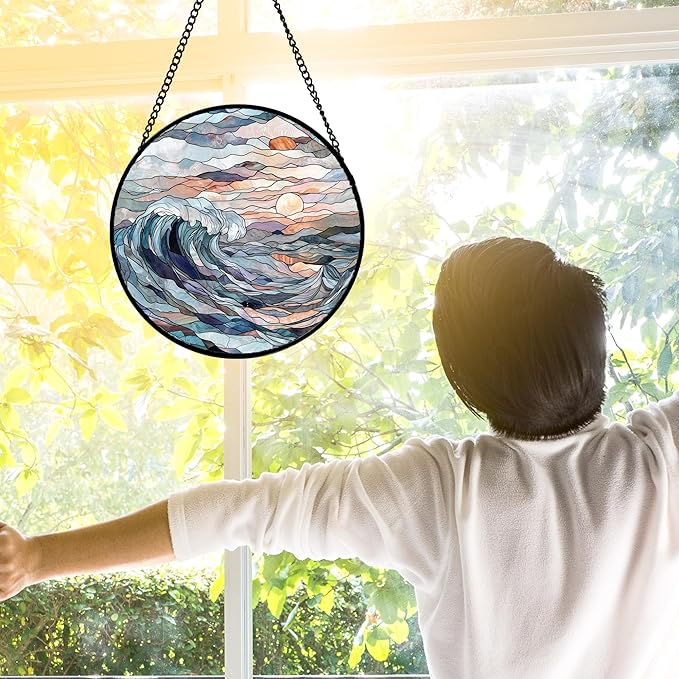 DASTOLL Stained Glass Window Hanging, Sunrise Waves Sun Catchers Diamond Glass - Image 3