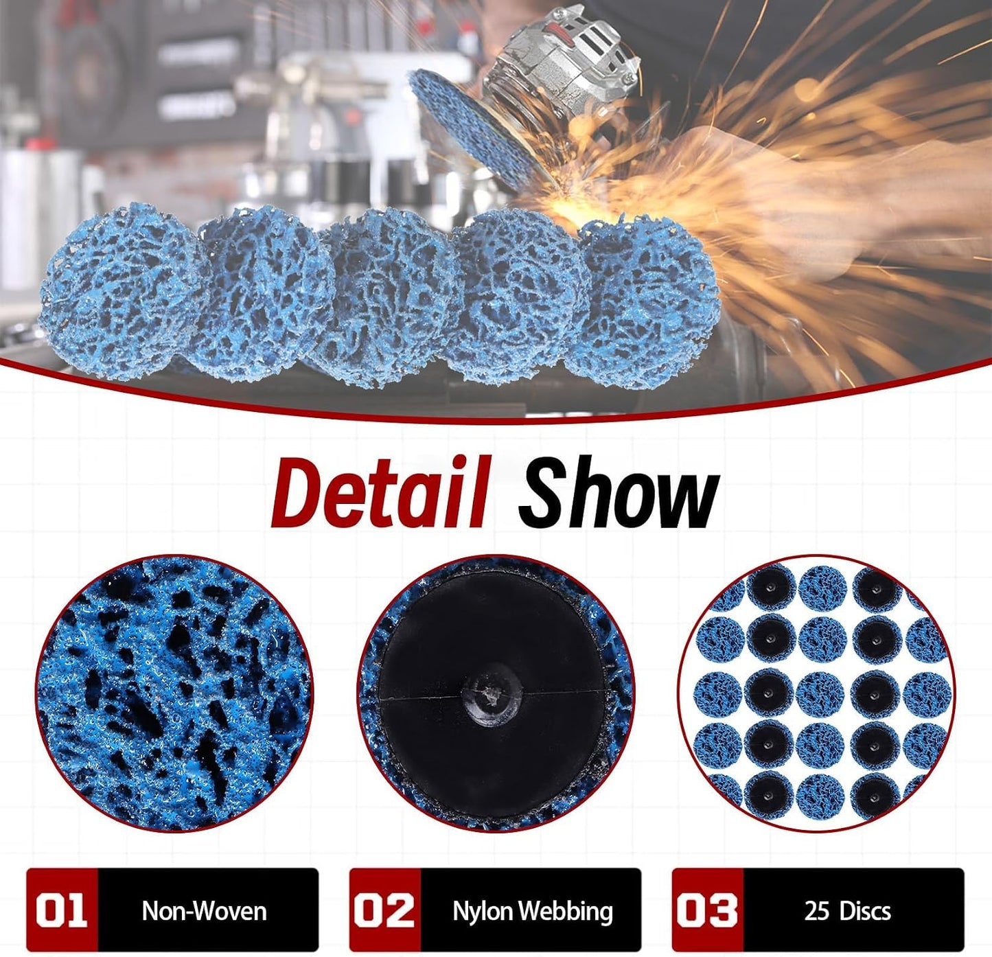25-Pack 2" Quick Change Clean and Strip Discs – Extra Coarse Blue Non-Woven Abrasive Pads – Fits Angle Grinders for Paint, Rust, Weld Cleaning