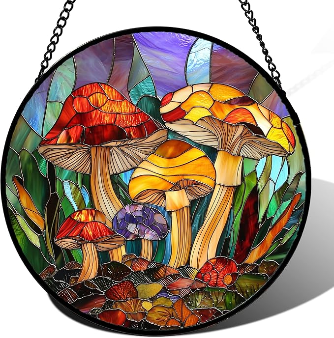 DASTOLL Stained Glass Window Hanging, Jungle Mushrooms Sun Catchers Diamond by DASTOLL