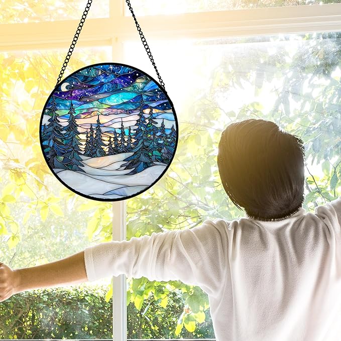 DASTOLL Stained Glass Window Hanging, Starry Sky Trees and Snow Sun Catchers - Image 3