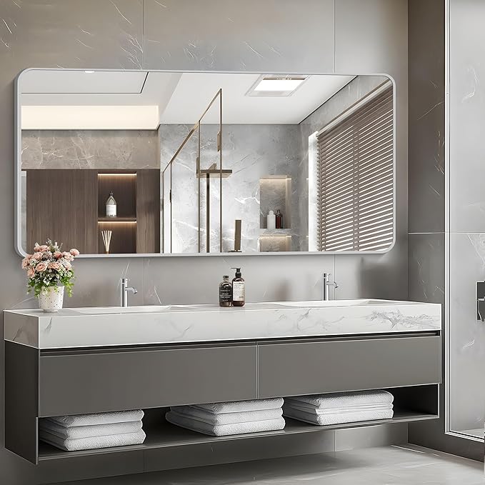 30x60 Inch Silver Bathroom Mirror, Large Rectangular Vanity Mirror, Metal - Image 3