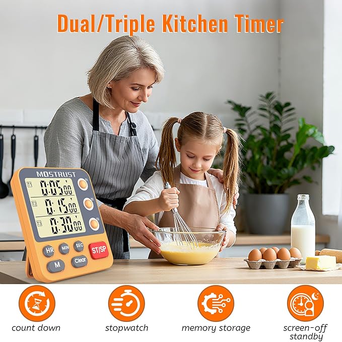 MOSTRUST Digital Dual Kitchen Timer, 3 Channels Countdown Triple Timer - Image 2