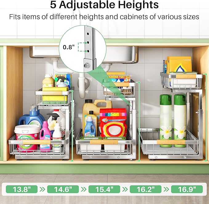 Under Sink Organizer, Stainless Steel 2 Packs 2 Tier Under Sink Organizers and - Image 6