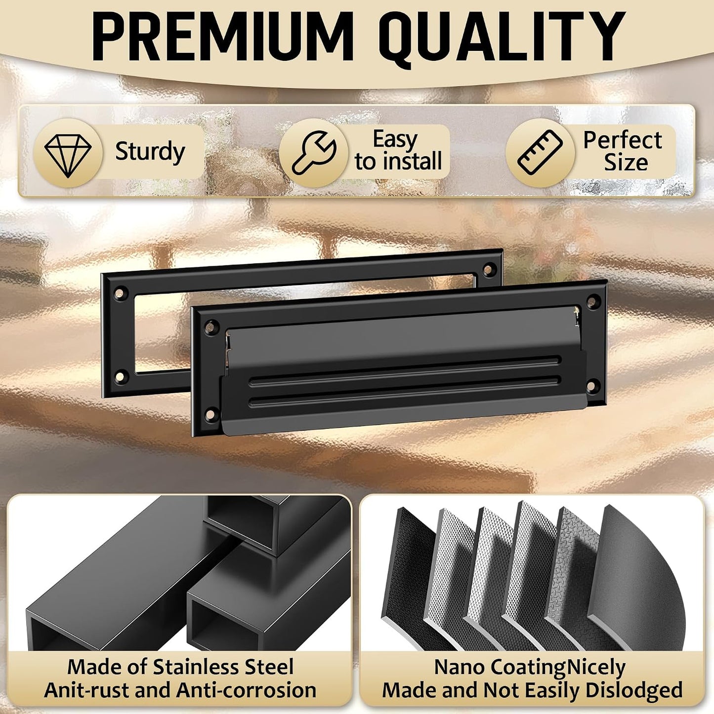 10 inch Mail Slot for Front Door, Stainless Steel Mail Slot Cover | With Pre-Drilled Holes Screws Included, Easy to Install, Heavy Duty Inner Frame, Water Resistance, 10"×3", Black
