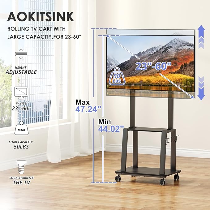 Rolling TV Stand on Wheels for 23-60Inch Flat/Curved Screen TVs, Tilt Mobile TV - Image 7