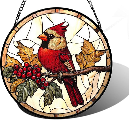 DASTOLL Stained Glass Window Hanging, Birds on a Branch Cardinal Sun Catchers by DASTOLL