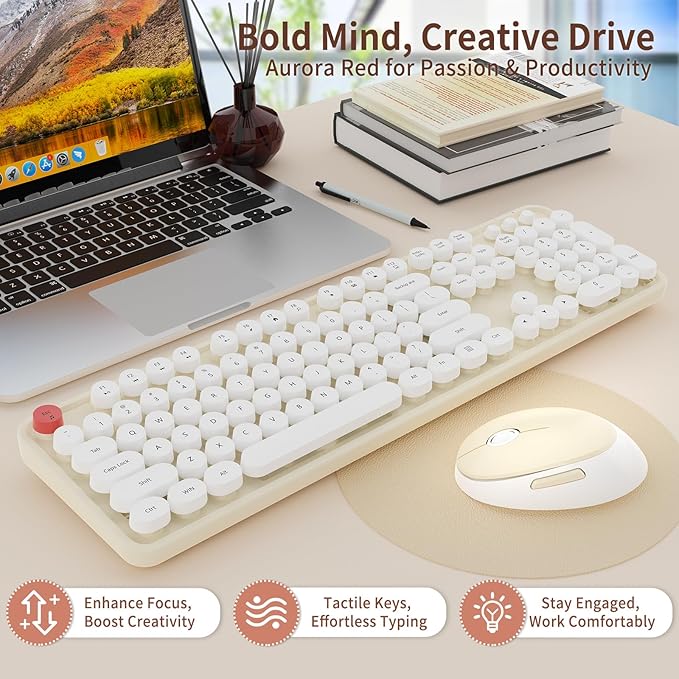 HotFox Wireless Keyboard and Mouse Combo, Full-Size Retro Typewriter Keyboard - Image 4