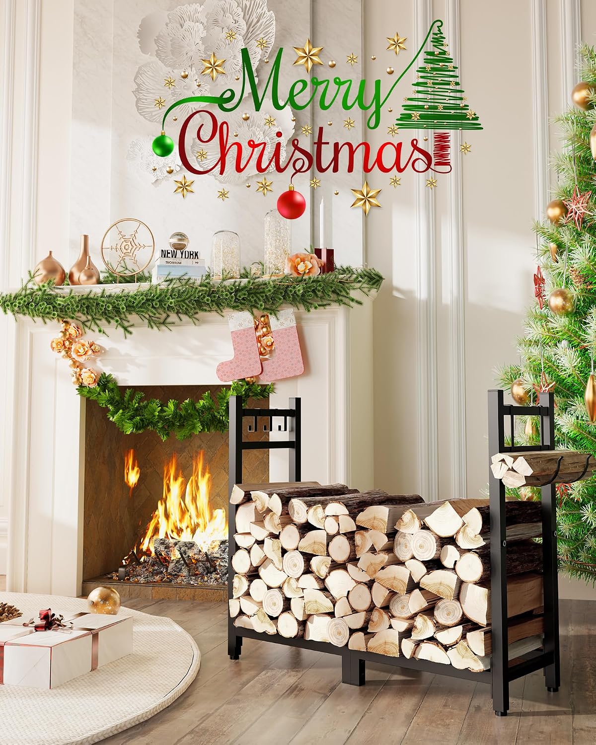 brightown 34 inch firewood rack indoor with log shown in use