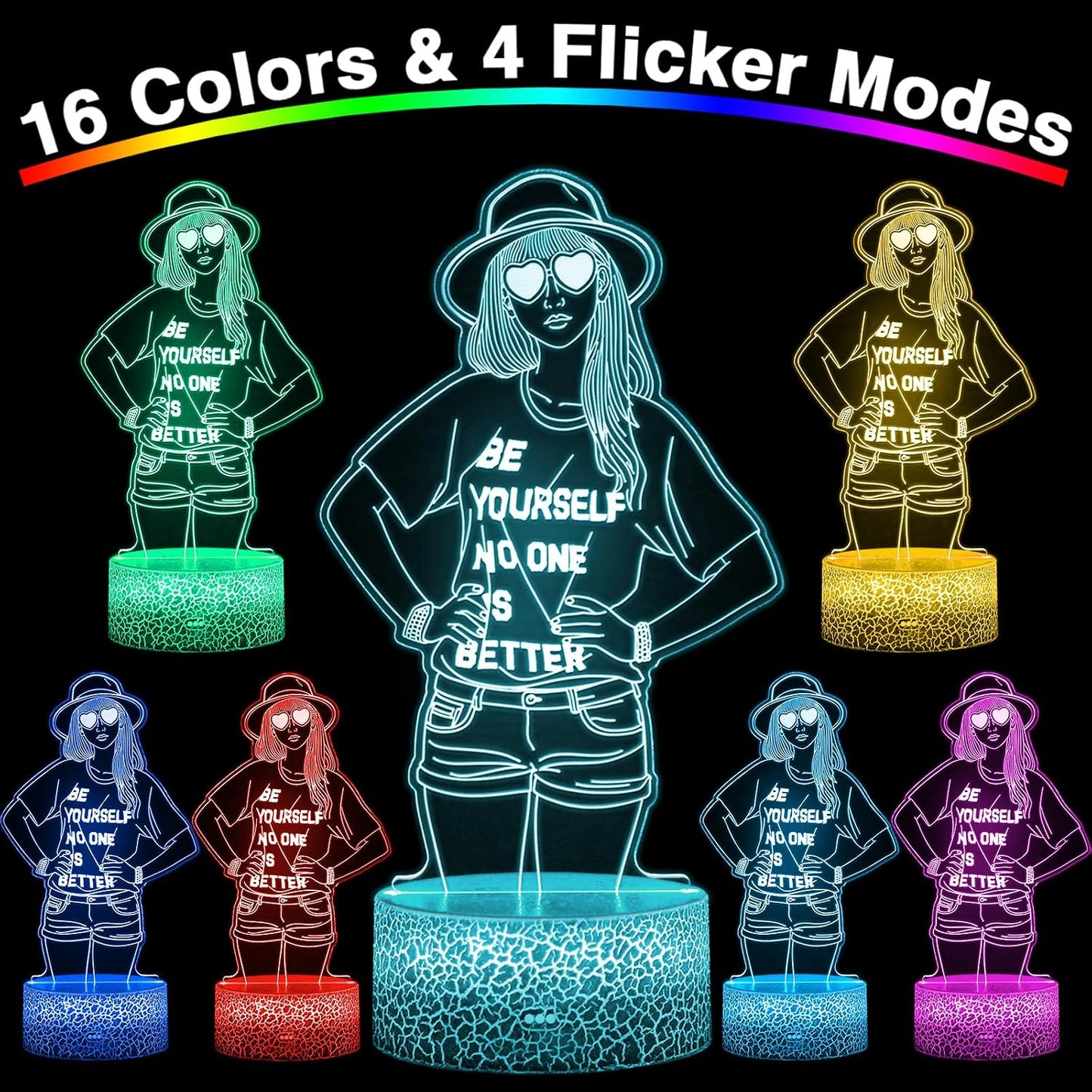 Be Yourself Mood Lights, Inspirational Gifts for Girls | 16 Colors 3D Illusion Lamp with Dimmable Remote & Timer, Room Decor for Music Fans Birthday Christmas