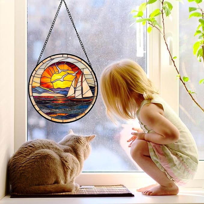 DASTOLL Stained Glass Window Hanging, Sun Ocean Sailboat Seagull Abstract - Image 3