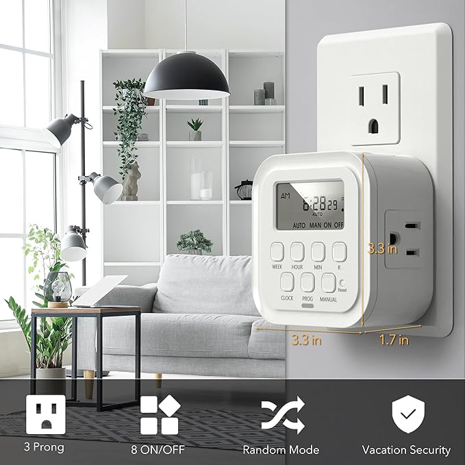 HBN 7 Day Heavy Duty Digital Timer, Dual Outlet, On/Off Programs 3-Prong - Image 4