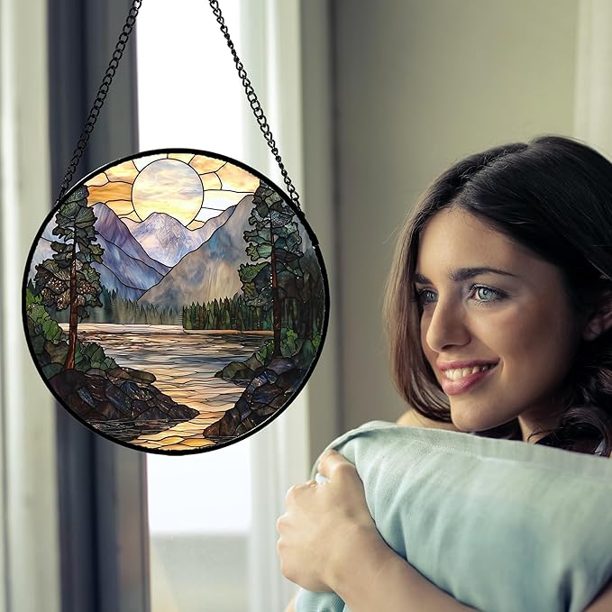 AMDERVEN Stained Glass Window Hanging, Sunset Mountains Lake Tree Sun Catcher - Image 3