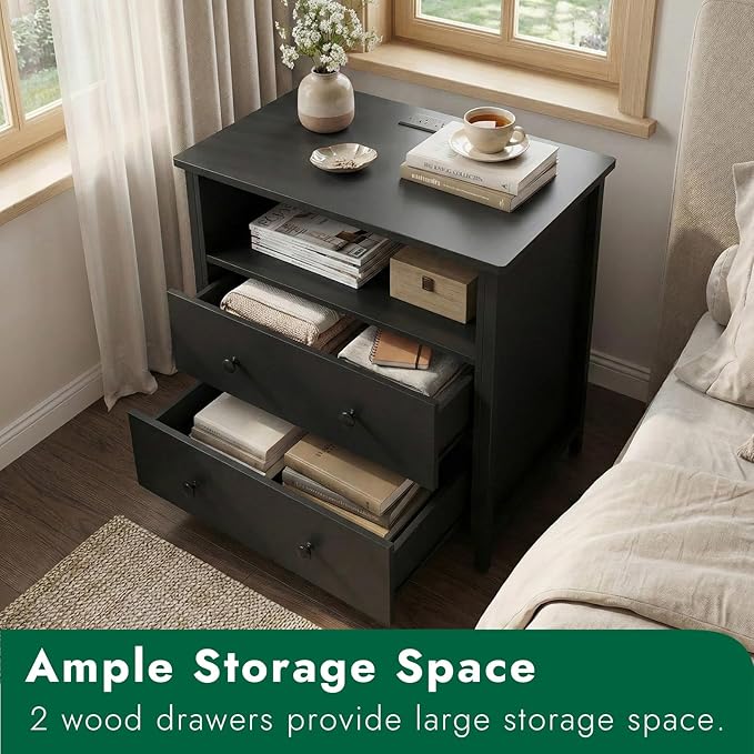 Tykacna 27 Inch Wide Night Stand, Large Wood Night Stand Set 2 - Image 7