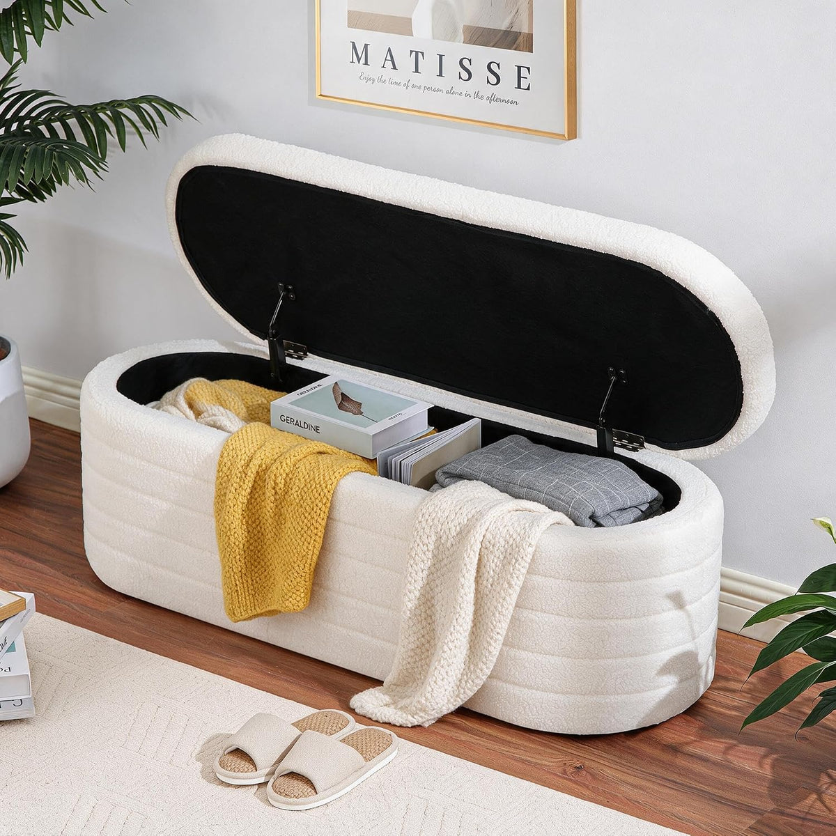 teddy sherpa storage ottoman bench end of bed shown in use