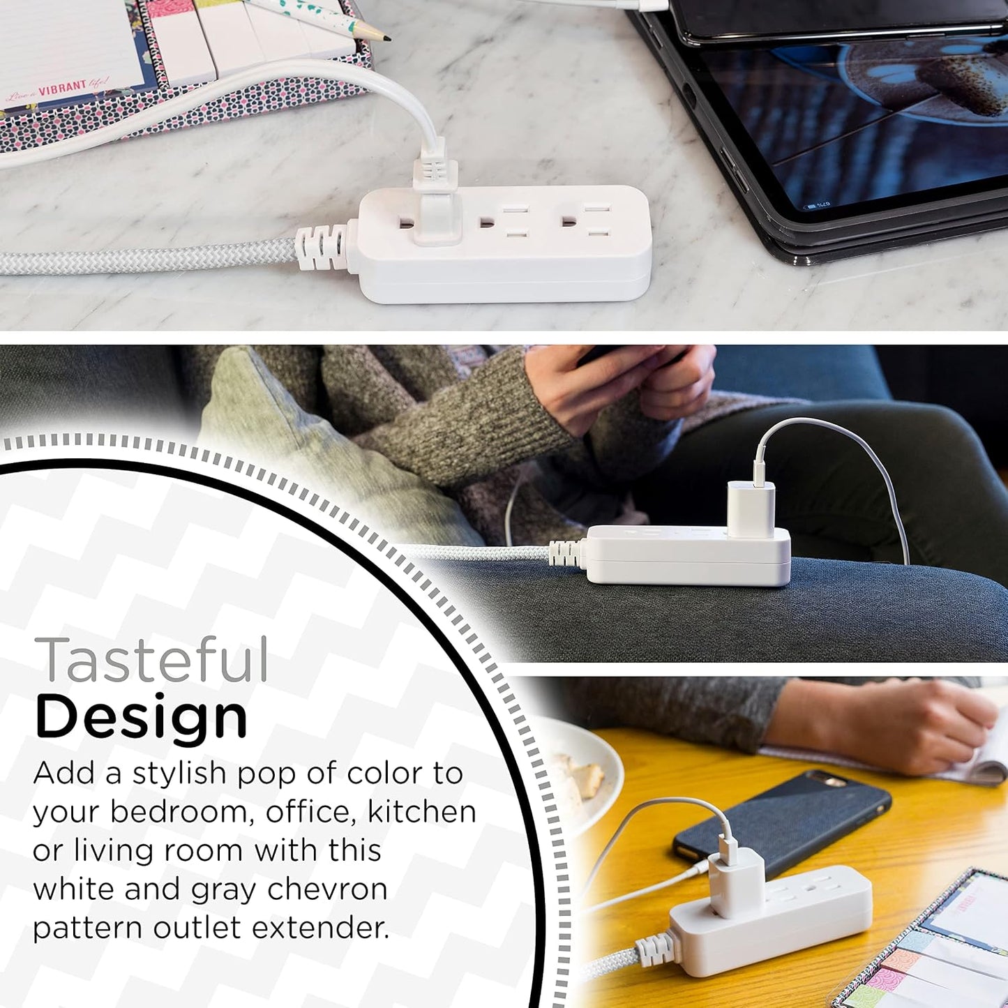 Cordinate Mini 3-Outlet Power Strip, 18 in Braided Extension Cord