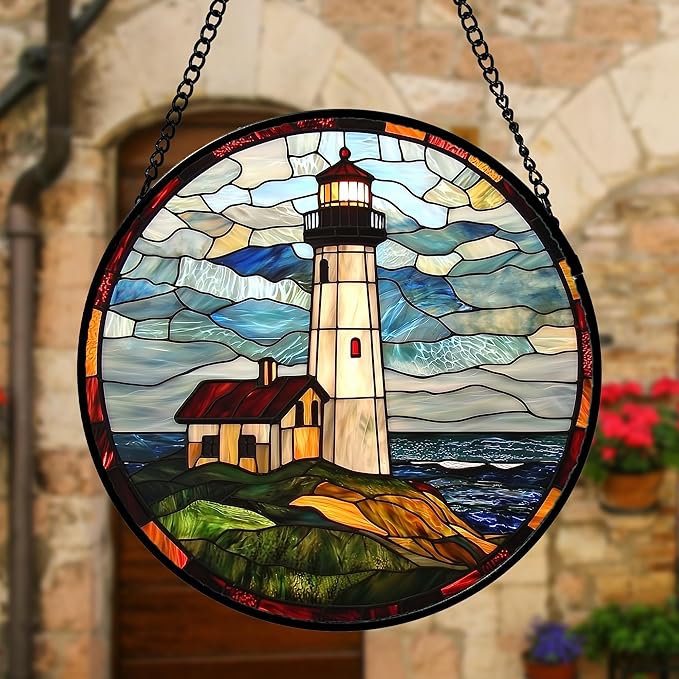 DASTOLL Stained Glass Window Hanging, Ocean Lighthouse Sun Catchers Glass Panel - Image 4