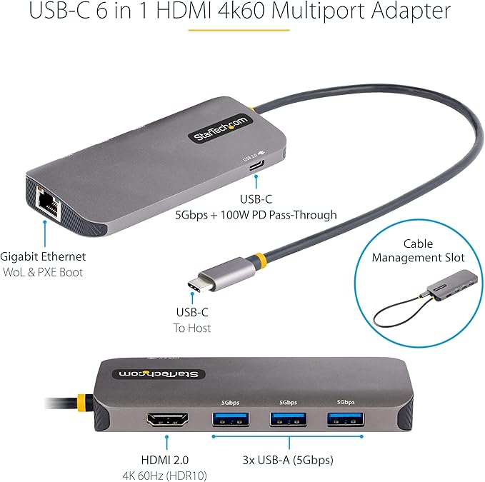 StarTech.com 6-in-1 USB-C Hub for Monitors, 4K 60Hz HDMI Video, Gigabit Ethernet - Image 3