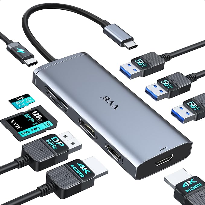 Docking Station VVB USB C Adapter, 9 in 1 Triple Display USB C Hub Multiport by VVB