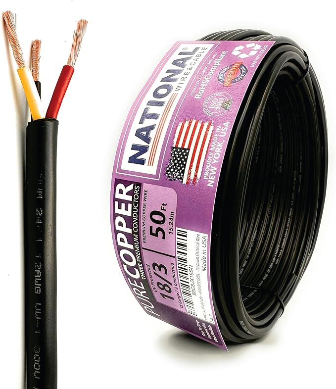 NATIONAL Wire & Cable – 18 AWG 3-Conductor Premium Copper Wire, 50 ft, Stranded by NATIONALWireCable