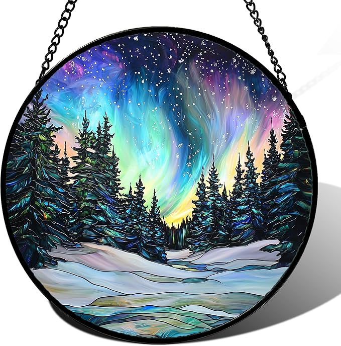 DASTOLL Stained Glass Window Hanging, Aurora Landscape Sun Catchers Glass Panel by DASTOLL