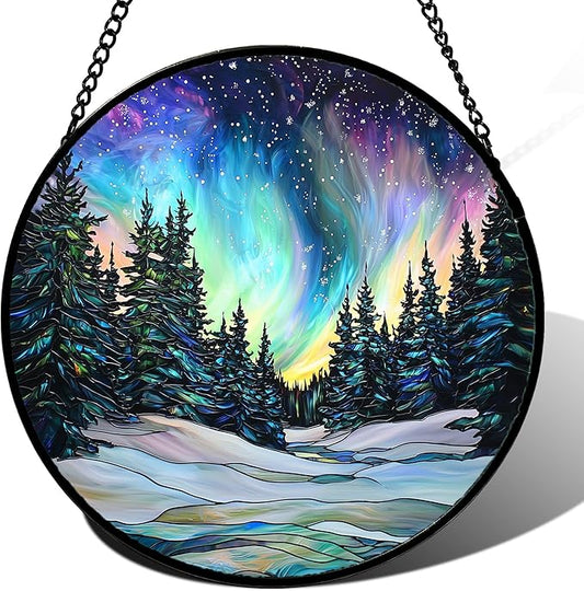DASTOLL Stained Glass Window Hanging, Aurora Landscape Sun Catchers Glass Panel by DASTOLL